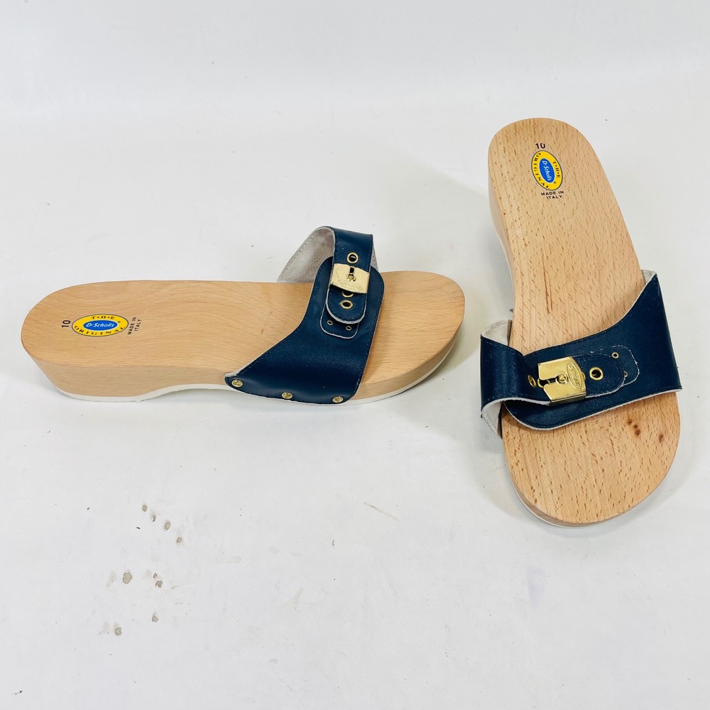 Dr. Scholl's Original Navy Leather Wood Sandals Italy 685DS17 Womens 10